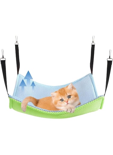 Cat Hammock Beds Breathable Mesh Cat Hanging Hammock Bed Summer Bilayer Pet Cage Hanging Bed for Cats Kittens Rabbits,Breathable mesh cloth hook swing cat nest pet hammock mat 53x35CM(blue with green)
