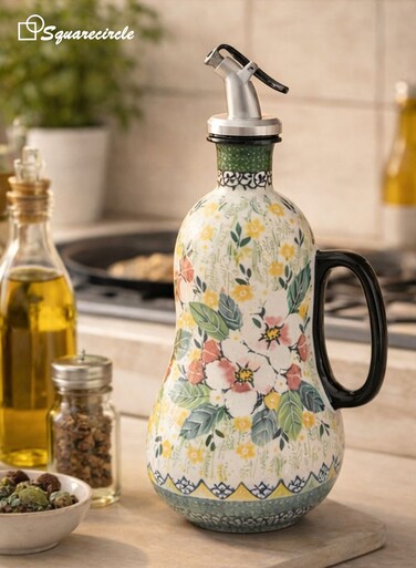 Italian Style Ceramic Olive Oil Dispenser &acirc;&euro;&ldquo; Hand Painted Oil Bottle with Handle and Stainless Steel Spout