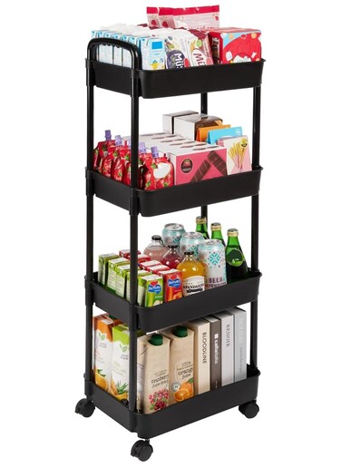 4-Tier Rolling Storage Cart with Wheels &ndash; Detachable Utility Organizer with Handle &amp; Lockable Casters, Easy Assembly for Bathroom, Kitchen &amp; Office &ndash; Black