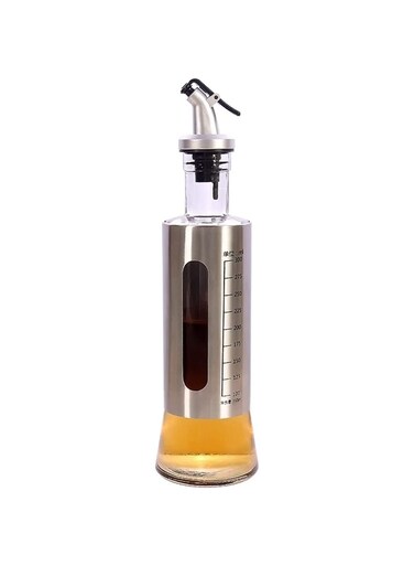 Oil Bottle 300ml Oil Dispenser Bottle Stainless Steel embedded Glass Oil Cruet Bottle with Measuring Scale for Olive Oil Sauces Vinegar Leak Proof bottle with Auto Flip Non Drip Spout
