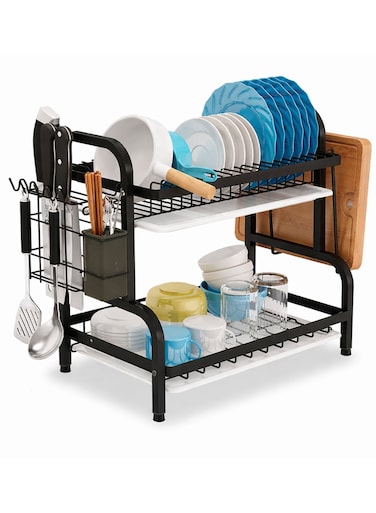 2 Tier Stainless Steel Dish Drying Rack with Utensil Holder, Cutting Board Holder &amp; Removable Drainboard Tray, Rust Resistant Kitchen Dish Drainer for Countertop, Large Capacity Dish Rack Organizer, Black 42&Atilde;&mdash;23&Atilde;&mdash;41 cm