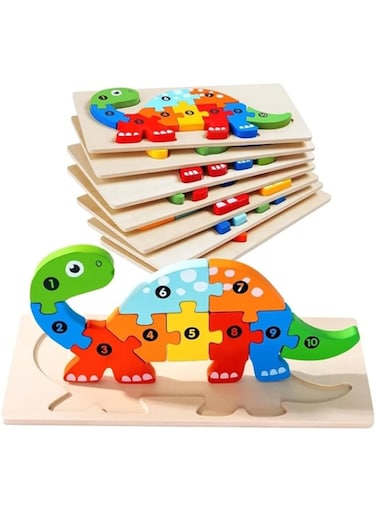 Wooden Puzzle Toy, Montessori Animal and Vehicle 3D Shapes, Learning Jigsaw Mozaic Puzzle for Toddlers, Shape Learning (3 years and above) (Dinosaur)
