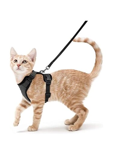 Cat Harness and Leash Set, Escape Proof Soft Adjustable Vest Harnesses for Cats, Easy Control Breathable Reflective Strips for Walking, Black, XS