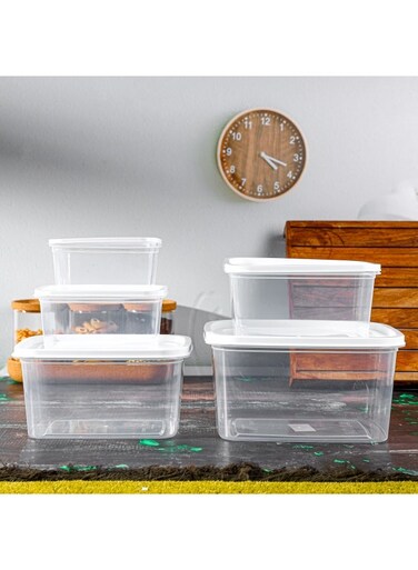 5 Pieces Rectangle Plastic Food Storage Containers - Rf12188   400 Ml, 700 Ml, 1200 Ml, 1800 Ml, 2900 Ml - Leak-Proof, White With Transparent Body For Kitchen Organization. Clear &amp; White