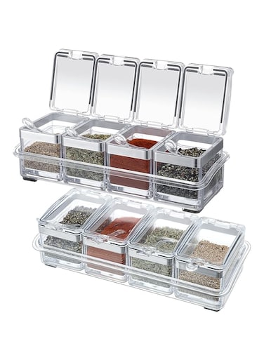 2 Set Acrylic Seasoning Organizer Box 8 Pcs Clear Seasoning Rack Spice Pots Condiments Containers with Lids and Spoons Storage Container Spice Jar for Salt Sugar Cruet Kitchen Cooking Organizer