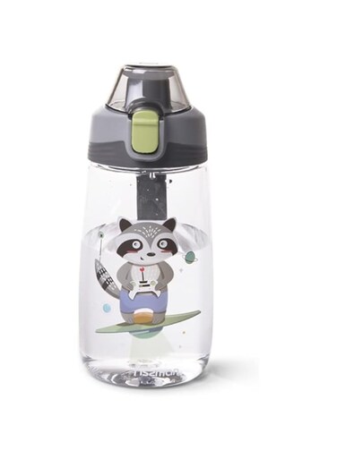Water Bottle 500mL for Kids by Fissman, BFA Free   Non-Toxic   Leak-Proof   Pop-Up Spout Cover   Flip Top Lid   Raccoon Printed, Black.