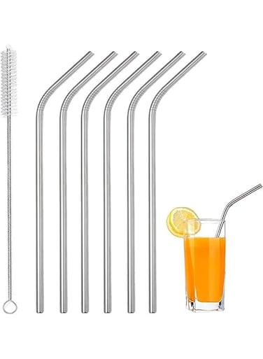 Stainless Steel Straw Set &acirc;&euro;&ldquo; 5 Pcs Bent Reusable Drinking Straws with Cleaning Brush