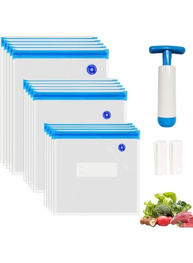 WVacFre Sous Vide Bags 15 pcs Reusable Vacuum Sealer Bags Zip Lock bag for Food Storage and Cooking BPA Free with Pump and 2 Sealing Clips