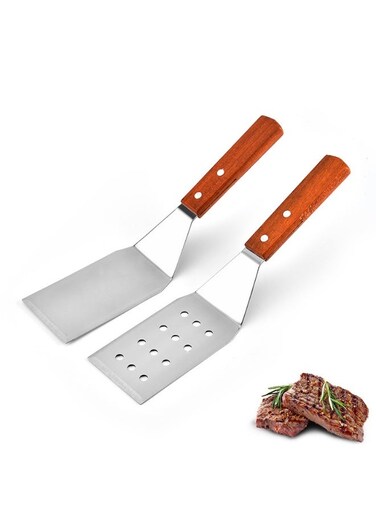Stainless Steel Spatula Set, Wooden Handle, Beveled Edge &amp; Grease-Drain Perforated Turner, Flat Top Grill Tools for Teppanyaki BBQ Camping