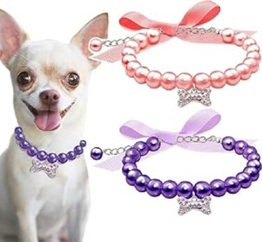 2 Pcs Dog Cat Pearl Collar Necklace with Rhinestone Bone, Fancy Cat Wedding Collar Jewelry for Cat Puppy Dogs Pets (Style 1, S)