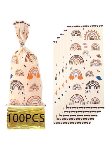 100 Pack Treat Bags, Self-Adhesive Cellophane Bags with Metallic Twist Ties, Ideal for Cookies, Candies, Baked Goods, and Party Favors, Perfect for Birthdays, Baby Showers, Weddings, and Festivals