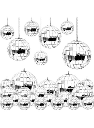 DSGUO 24 Pcs Mirror Disco Ball Hanging, Silver Glass Decor, Disco Party Decorations Ornament for Holiday Party Decor with Rope (2.4 Inch, 2 Inch, 1.6 Inch, 1.2 Inch)