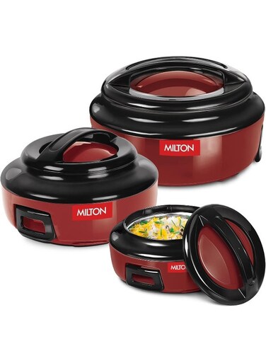 Inner Stainless Steel Casserole Hot Pot Set of 3 (860ml, 1.27 Litre and 1.96 Litre) &acirc;&euro;&ldquo; Serving Bowls with Lids for Hot Food, PU Insulated Design Keeps Food Warm for Hours,Pearl Regular, Maroon