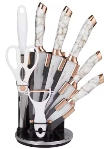 9-Piece Marble Pattern Handle Kitchen Knife Set &acirc;&euro;&ldquo; Premium Stainless Steel (White with transparent)