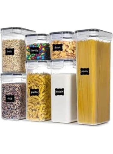 7 PCS Food Storage Containers with Lids, Plastic Kitchen Storage Containers for Pantry Organization and Storage, Cereal, Rice, Pasta, Flour and Sugar Containers with Labels, Marker, Measuring Cups