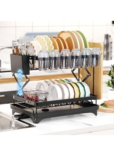 HEYInova Dish Drying Rack for Kitchen Counter,2 Tier Dish Rack with Drainboard,ne Glass Holder &amp; Utensil Holder, for Kitchen Sink Counter Storage &amp; Organisation