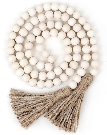 ECVV Natural Farmhouse Beads 58in Wood Bead Garland with Tassels, Rustic Prayer Beads Boho Beads for Morden Farmhouse Boho Decor, Big Wall Hanging Decor