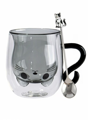 Cat Mugs Glasses Double Wall Insulated Glasses Espresso Cup, Coffee Cup, Tea Cup, Milk Cup With 1 Piece Cute Cat Spoon, Best Gift for Office and Personal Birthday&iuml;&frac14;&circ;Black Cat)