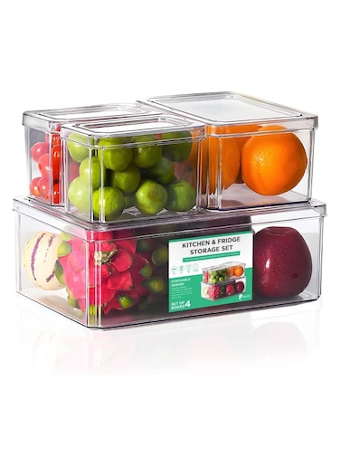 Refrigerator Organizers, Clear Acrylic Storage Container with Lid, Leak-Proof Durable Food Container, Lunch Box, Fruit, and Salad &ndash; Kitchen, Fridge, Pantry (Set 4)
