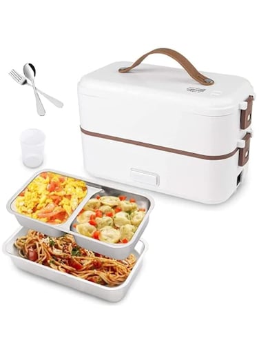Beauenty Electric Lunch-Bento Box Container -304 Stainless Steel with Removable Compartments Heater For Adult Kids Lunch Warmer in Office/Home/Travel Rice Cooker 220v with Spoon (2 Layers, WHITE)