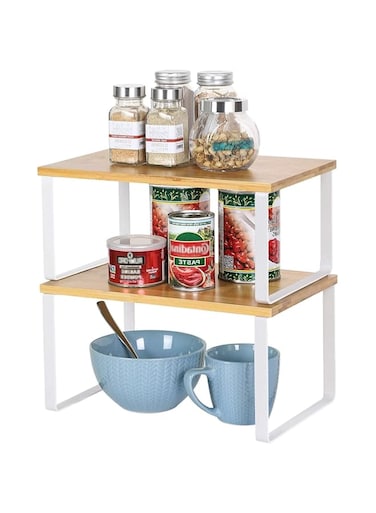 U-HOOME Kitchen Cabinet Organizer Shelf,Set of 2 Kitchen Counter Shelves,Stackable&amp;Expandable Kitchen Storage Spice Rack,Corner Organizers and Storage Rack for Pantry Spices Plates, Desk Books (White)