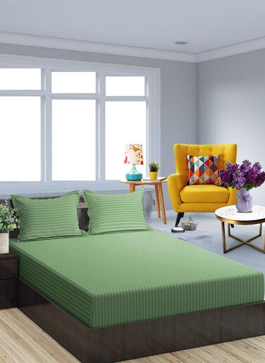 Faded Green Striped Queen Size Sheet Set Deep Pockets Machine Washable 180x200+25cm