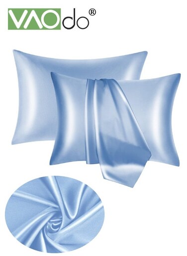 2PCS Satin Silk Bed Pillowcase for Hypoallergenic Soft Breathable Both Sides, Pillowcases Cooling Breathable Skin No Frizzy Hair Pillowcase, Silky Pillow Cover with Envelope Closure, Light Blue