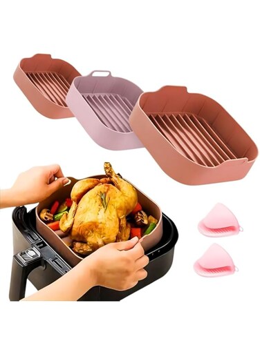 Silicone Air Fryer Basket Liners Square, 3pcs Air Fryer Silicone Pot, Reusable Silicone Air Fryer Liners Non Stick, Easy Cleaning Air Fryer Pan With Gloves.(8.1inch)