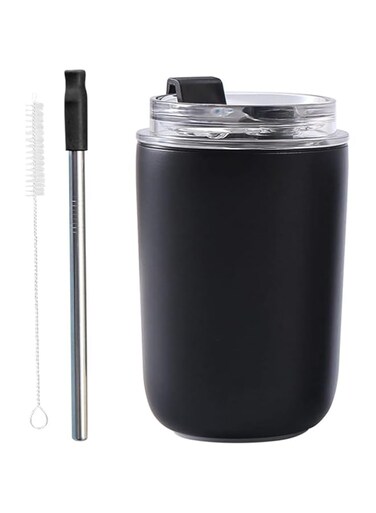 KWSLIN Stainless Steel Straw Cup, 280ml Soft Spout Straw Cup with Lid Straw and brush Portable Water Cup Mini Thermal Mug Travel Accompanying Cup Insulation and Keeping Cold, Black