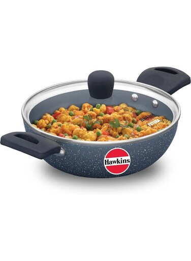 Ceramic 1.75 liter NonStick Deep Kadhai / Deep Fry Pan with Glass Lid, Induction Compatible (ICK175G), Grey