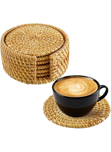 6 Pcs Rattan Drink Coasters with Holder &acirc;&euro;&ldquo; Handmade Wicker Woven Coasters &acirc;&euro;&ldquo; Natural Fiber Coaster Set for Coffee Tables, Home Decor, Bars, Dining Room &acirc;&euro;&ldquo; Absorbent &amp; Protective