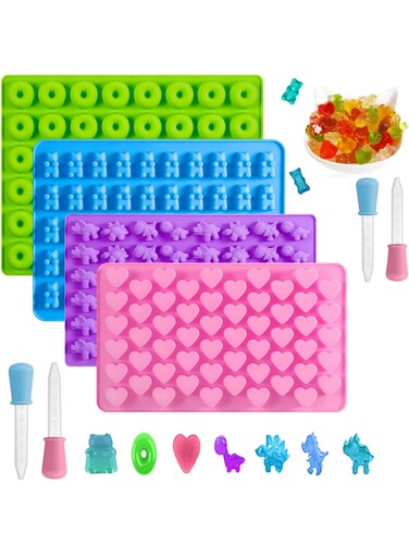 4 PCS Gummy Bear Candy Molds, Silicone Candy Molds, Chocolate Mould With 4 Droppers Jelly Molds Includes dinosaurs hearts Bear Shape and Mini Donut for Baking 