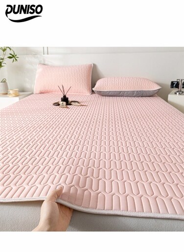 3-Piece of Ice Silk Cooling Bedding Set,Extreme Heat Cooling Bedding Set,Anti-Slip Latex Cool Silk Bed Cover with Pillowcases,Latex Mattress Pad for Summer Heat,Breathable Sheets,Night Sweat Relief,150*200CM,Pale Pink