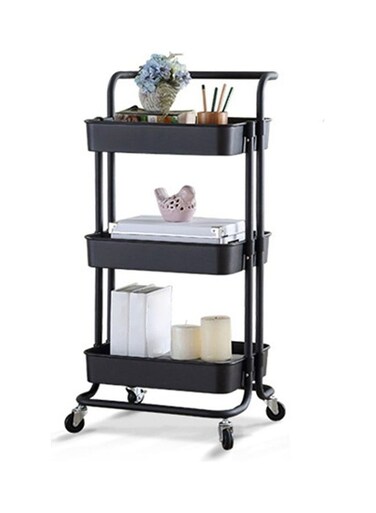 3-Tier Rolling Metal Utility Cart On Wheels Moveable Storage Organizer Black 44x34x17.5cm