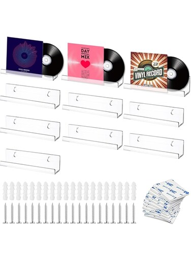 Molbory Vinyl Record Wall Mount, 10 x 3.5 x 3 cm, Vinyl Record Shelf, Record Stand, Record Display Stand, Record Shelf for Display, Collection (Clear) Pack of 10