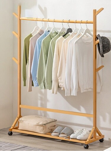 Bamboo Garment Rack for Hanging Clothes,Multi functional Bedroom Clothes Rack,Easy Installation with Shoe Rack