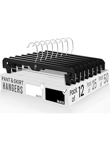 HOUSE DAY Pants Hangers 12 Pack Skirt Hangers with Clips 14 Inch Plastic Pants Hangers 360-Rotating Stainless Steel Clips,Hangers with Adjustable Clips, Hangers for Pants, Skirts, Jeans,Slacks(Black)