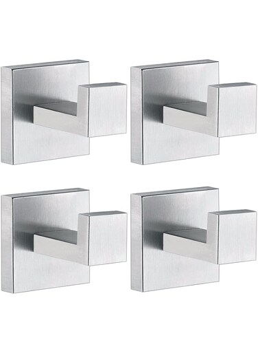 Towel Hooks for Bathrooms, Brushed Nickel Towel Hook for Kitchen Bathroom, SUS304 Stainless Steel Coat Hook, Square Heavy Duty Holder Robe Hooks for Hanging Towels, Coats, sponges, Wall Mount, 4 Pack
