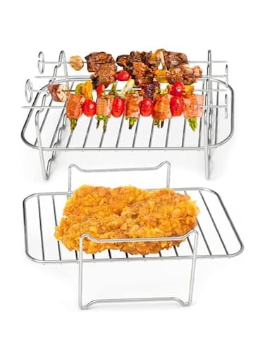 SZYYQ 2PCS Air Fryer Rack, Air Fryer Double Layer Rack, Multi-purpose Air Fryer Accessories, Stainless Steel Grilling Rack with 4 Skewers, Dual Air Fryer Rack for Barbecue, Roasting Oven, Air Fryer
