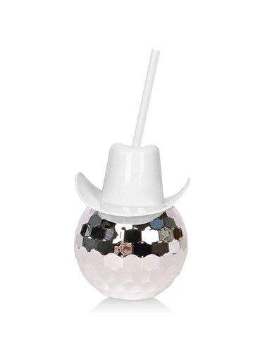 Tazweeq Disco Ball Cups, White Disco Cowboy Hat Party Cups, Cowgirl Party Favors, Reusable Plastic Cups, Flash Ball Cocktail Cup for Party Nightclub Bar Supplies