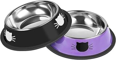 Lonimia Stainless Steel Cat Bowl Pet Bowl,2Pcs Cat Bowl Pet Bowl for Food and Water, Non-Slip Pet Feeding Dish Bowl With Rubber Base for indoor Cats Small Dogs(Black/Purple)
