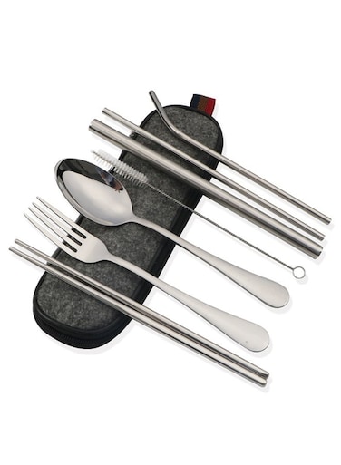 7-Piece 304 Stainless Steel Portable Cutlery Set - Reusable Straw, Chopsticks, Fork &amp; Spoon, Eco-Friendly Travel Utensils with Storage Bag