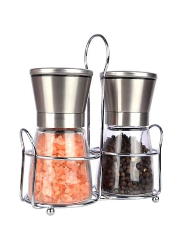 Oasisgalore Premium Salt and Pepper Grinder Set with Stand Adjustable Coarseness Salt &amp; Pepper Shakers Glass Mill Brushed With Stand