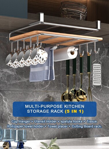 Cup Holder Under Cabinet,Multifunction Drilling Free Mug Holder Hanger, Under Shelf Kitchen Storage Organizer Rack for Cups/Kitchen Utensils/Storage Rack Cupboard Shelf Hanging Hook