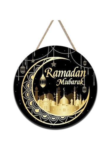 Ramadan Door Sign, Eid Mubarak Wooden Hanging Decoration, Round Mubarak Wooden Welcome Sign, Black Gold Plaque for Ramadan Wall Door Party Decorations
