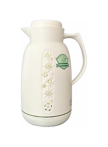 Glass Insulated Carafe - 1.0 Liter Flower Embellished Double-Wall Vacuum Jug with 24-Hour Cold and 12-Hour Hot Retention, Asbestos-Free, Beige