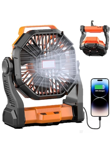 Portable Fan for Camping with LED Lantern, Operated Camp Fan with Hook, 270&deg; Pivot, 4 Speeds, USB Table Fan for Camping, Fishing Function