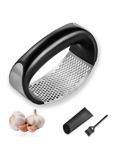 Garlic Press Rocker, Stainless Steel Garlic Mincer Crusher, Professional Garlic Chopper with Ergonomic Handle, Silicone Garlic Peeler and Cleaning Brush