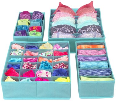 Set of 4 Foldable Drawer Dividers, Storage Boxes, Closet Organizers, Under Bed Organizer (Aqua)
