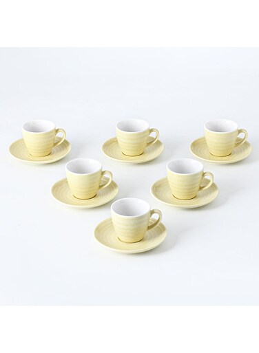 12-Piece Kiln Variable Glaze Process Round Linear Ceramic Cup And Saucer Set Yellow/White 11x9x6.5cm